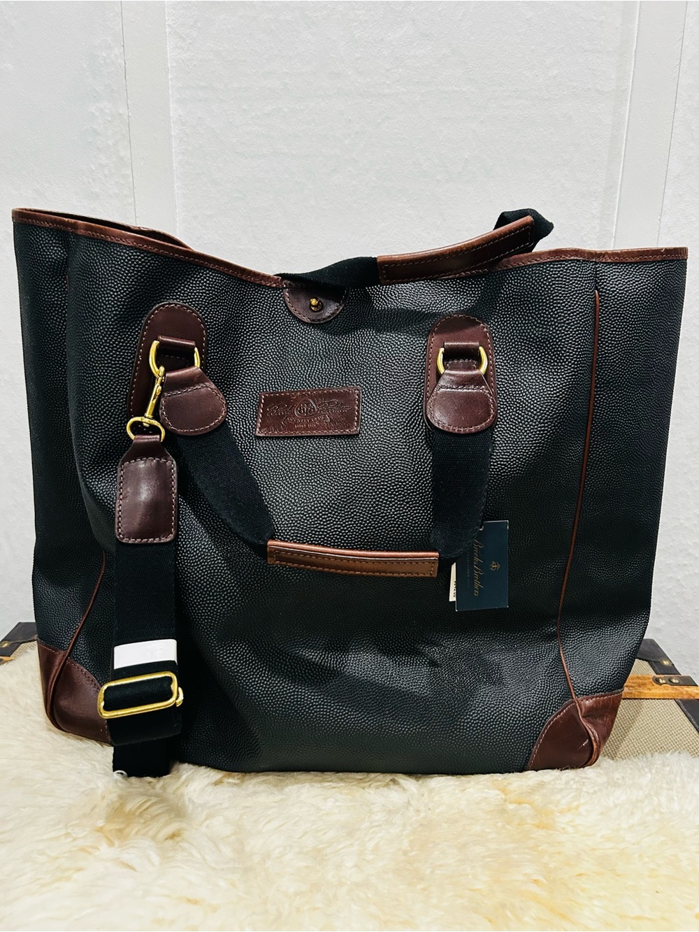 Brooks Brothers Country Club Tote Bag w/ Shoulder Strap - Black w/Brown Leather